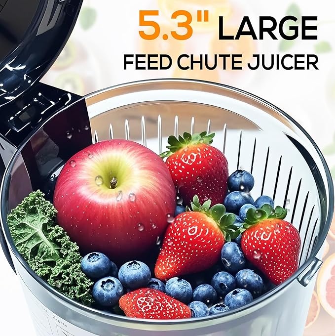 Cold Press Juicer Machines, 5.3” Large Feed Chute Slow Masticating Juicer for Whole Fruits & Vegetables, 300W Quiet Juice Extractor, Easy to Clean, 99% High Juice Yield, Black