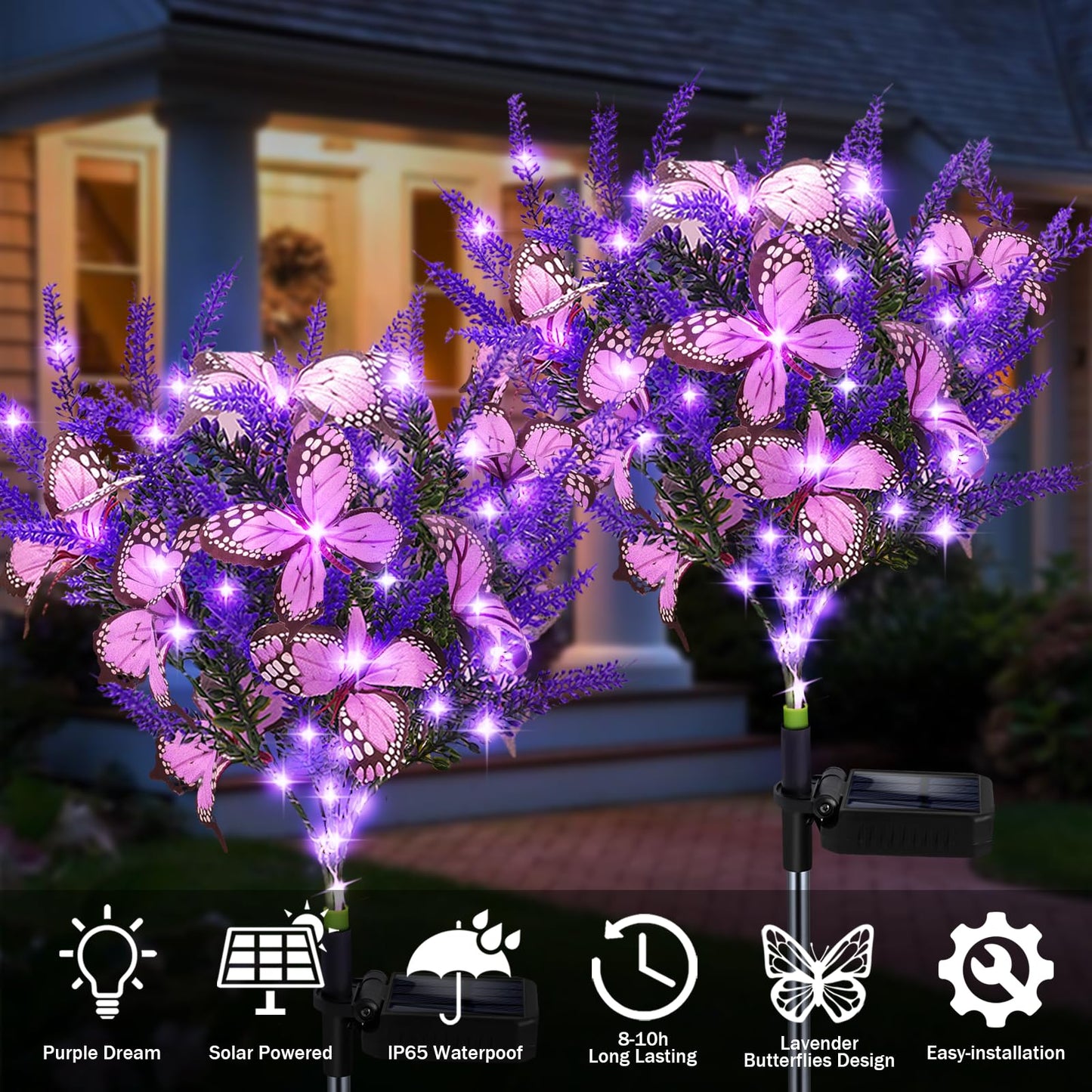 Kohlrabi Solar Garden Lights - 4 Pack Purple Lavender Butterfly Decor for Patio, Yard, Lawn, Christmas