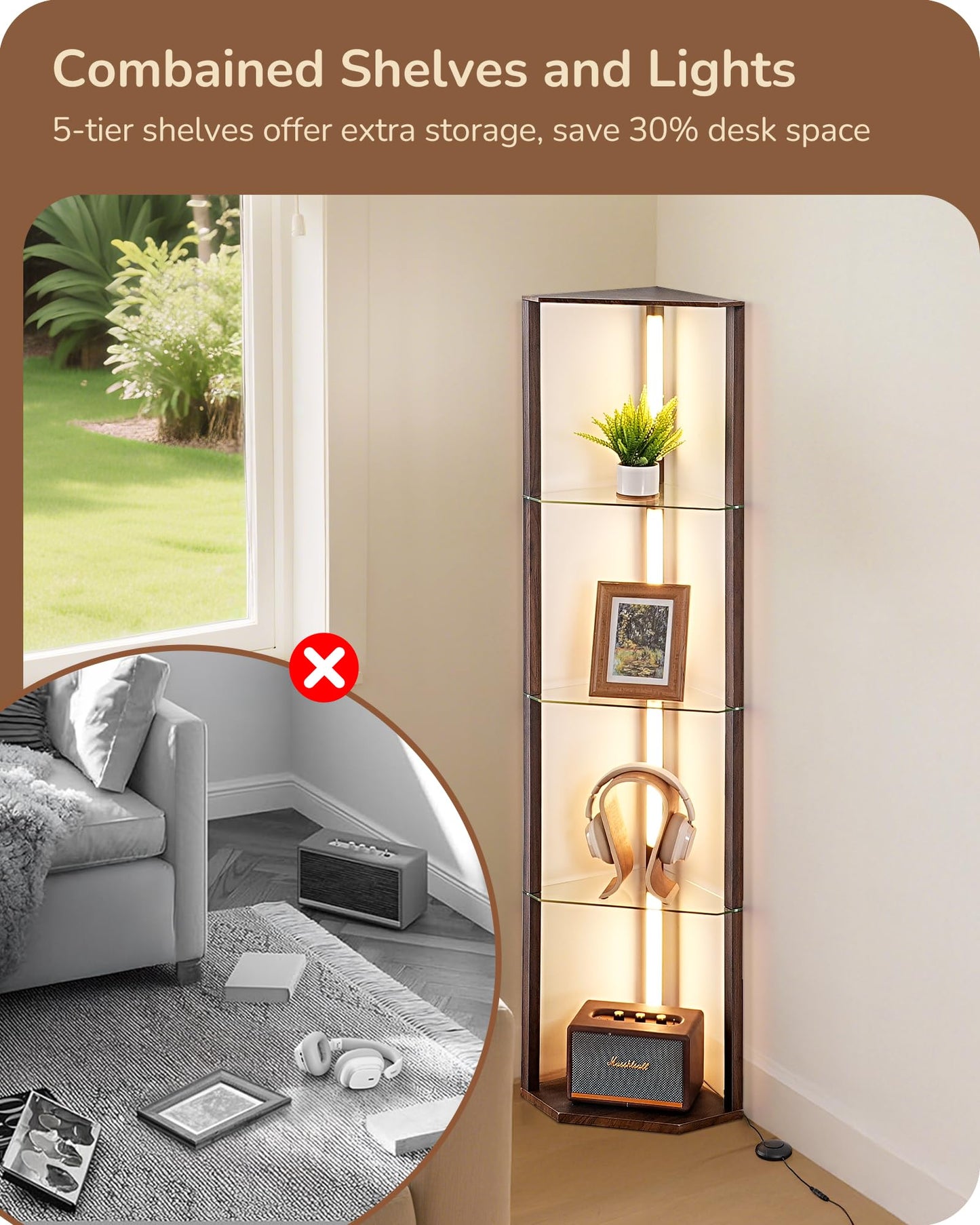 EDISHINE Floor Lamp with 5-Tier Glass Shelves, Dimmable, Remote/Foot Control, 63.7 inches, Walnut Color, Model HLFL06M