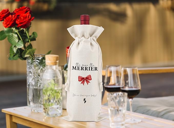 The More The Merrier Wine Bags Gifts,Gender Neutral Pregnancy Announcement Wine Bags,Baby Announcement,Baby Announcements Ideas,Pregnancy Announcement for Dad,Reusable Wine Bags With Drawstring,L31