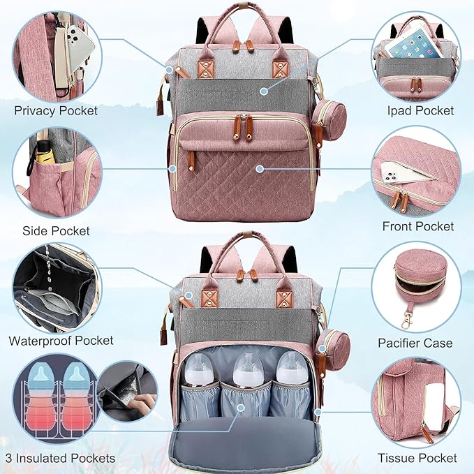 Diaper Bag Backpack Baby Bag, Baby Girl Boy Diaper Bag for Dad Mom with Pad, 16 Pockets, Pacifier Case, Large Diaper Bags Unisex for Travel(Pink Grey)