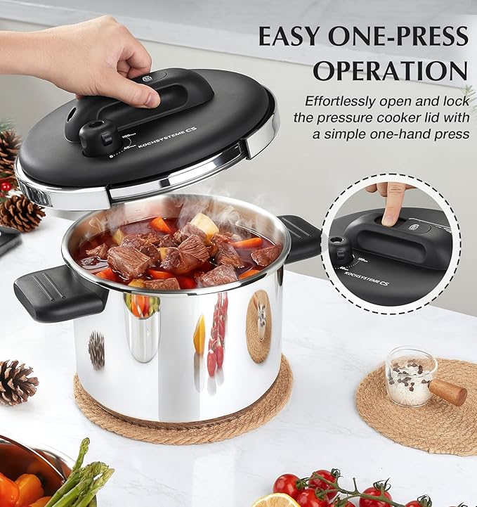 KOCH SYSTEME CS Pressure Cooker Stainless Steel, 6.3 QT Olla de Presion, Easy One-Press Lock, 3 PSI Settings Pressure Cooker, Save 70% Time, Gas & Induction Compatible, Glass Lid & Steamer Rack