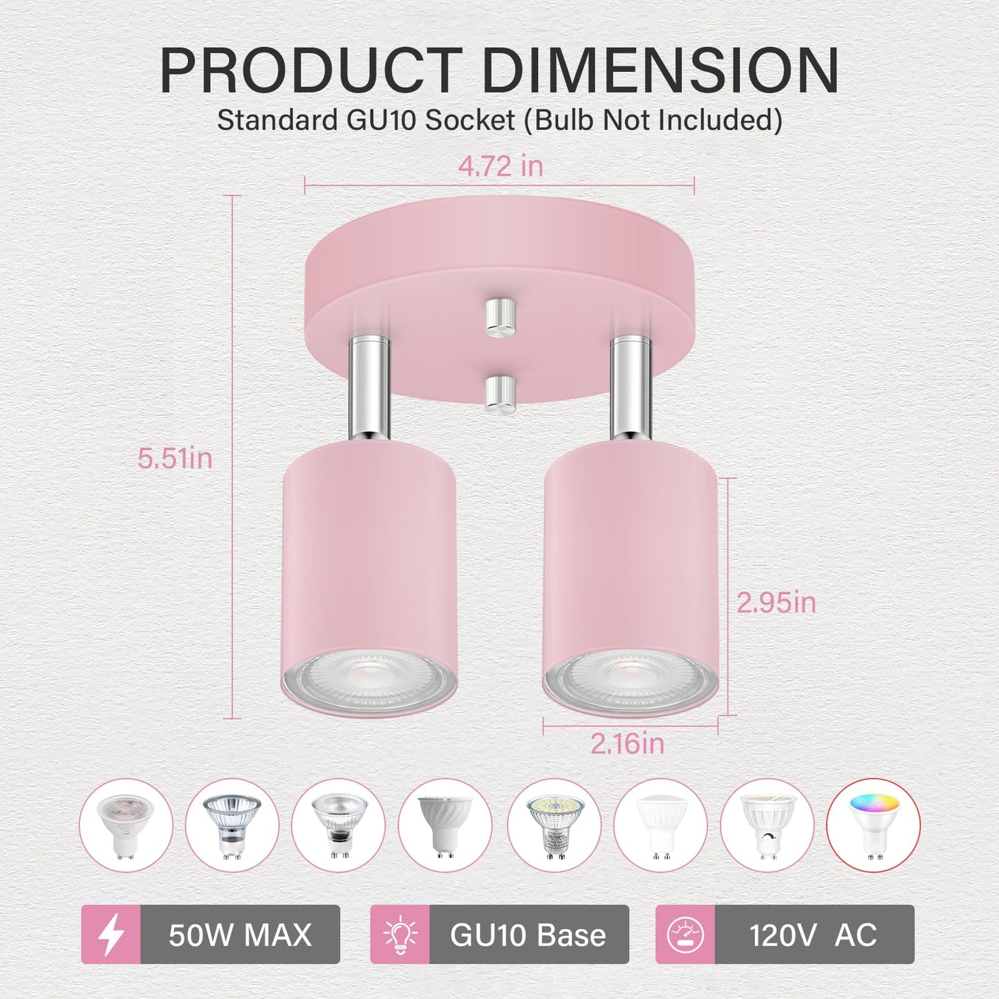 Bricosmocon 2 Light Track Lighting Fixtures Ceiling  Pink Round Directional Spotlight Fixtures  Gu10 Flush Mount Ceiling Fixture  Adjustable Modern Led Track Light For GirlS Room  Bulb Not Included