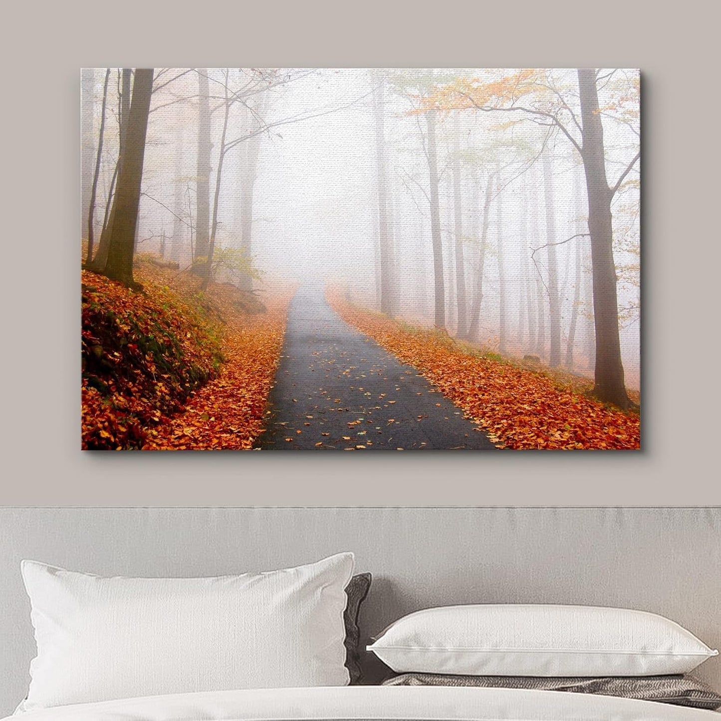 wall26 Canvas Print Wall Art Foggy Autumn Forest Path with Orange Leaves Nature Wilderness Photography Modern Art Rustic Scenic Colorful Multicolor for Living Room, Bedroom, Office - 32"x48"