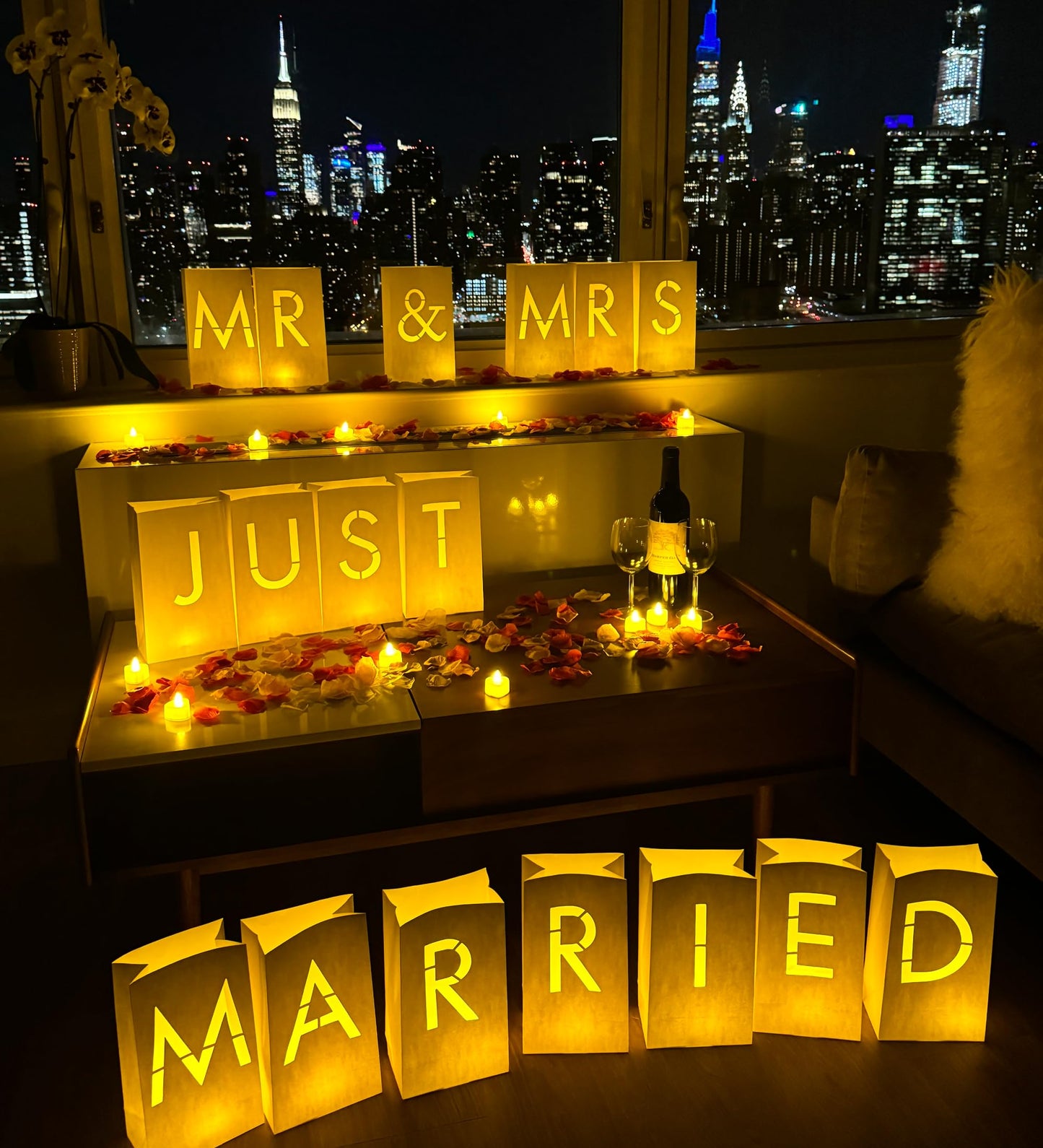 Wymm Just Married Light Up Letters With Tea Lights  Candles And Rose Petals - Luminary Paper Bags For Just Married Banner And Decorations