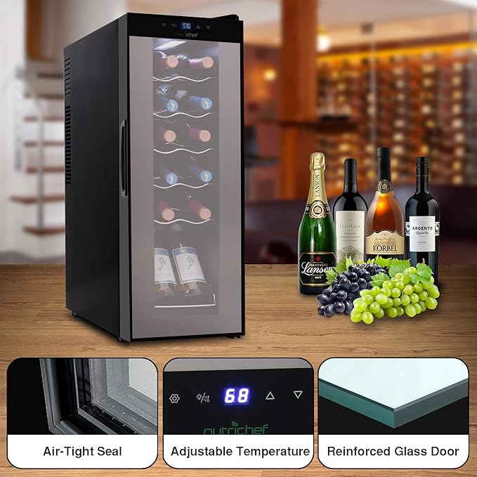 Nutrichef 12 Bottle Stainless Steel Slim Wine Fridge | Red & White Wine Chiller | Adjustable Temperature Control, Ultra Quiet Operation & Energy Efficient | Mini Wine Cooler Refrigerator 31x10x17 IN