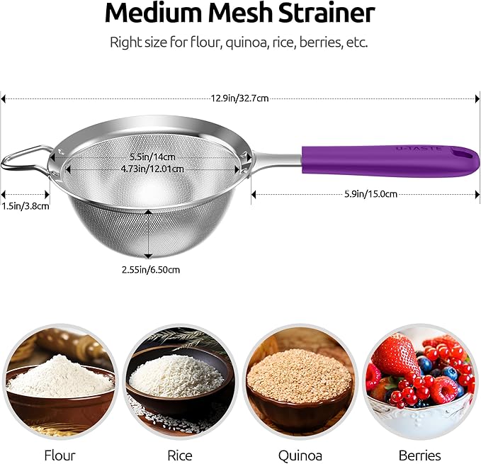 U-Taste Fine Mesh Food Strainer: 18/8 Stainless Steel 30 Mesh Kitchen Sieve with Sturdy Riveted Silicone Handle, Heavy Duty Deep Handheld Metal Colander (Small/3.35in+Medium/4.73, Purple)