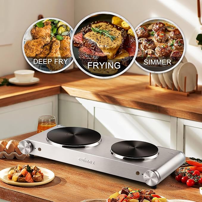 CUSIMAX Electric Hot Plate, 1800W Double Burner, Cast Iron Countertop Cooktop, Hot Plates for Cooking, Portable Countertop Stove, Compatible with all Cookwares, Upgraded Version