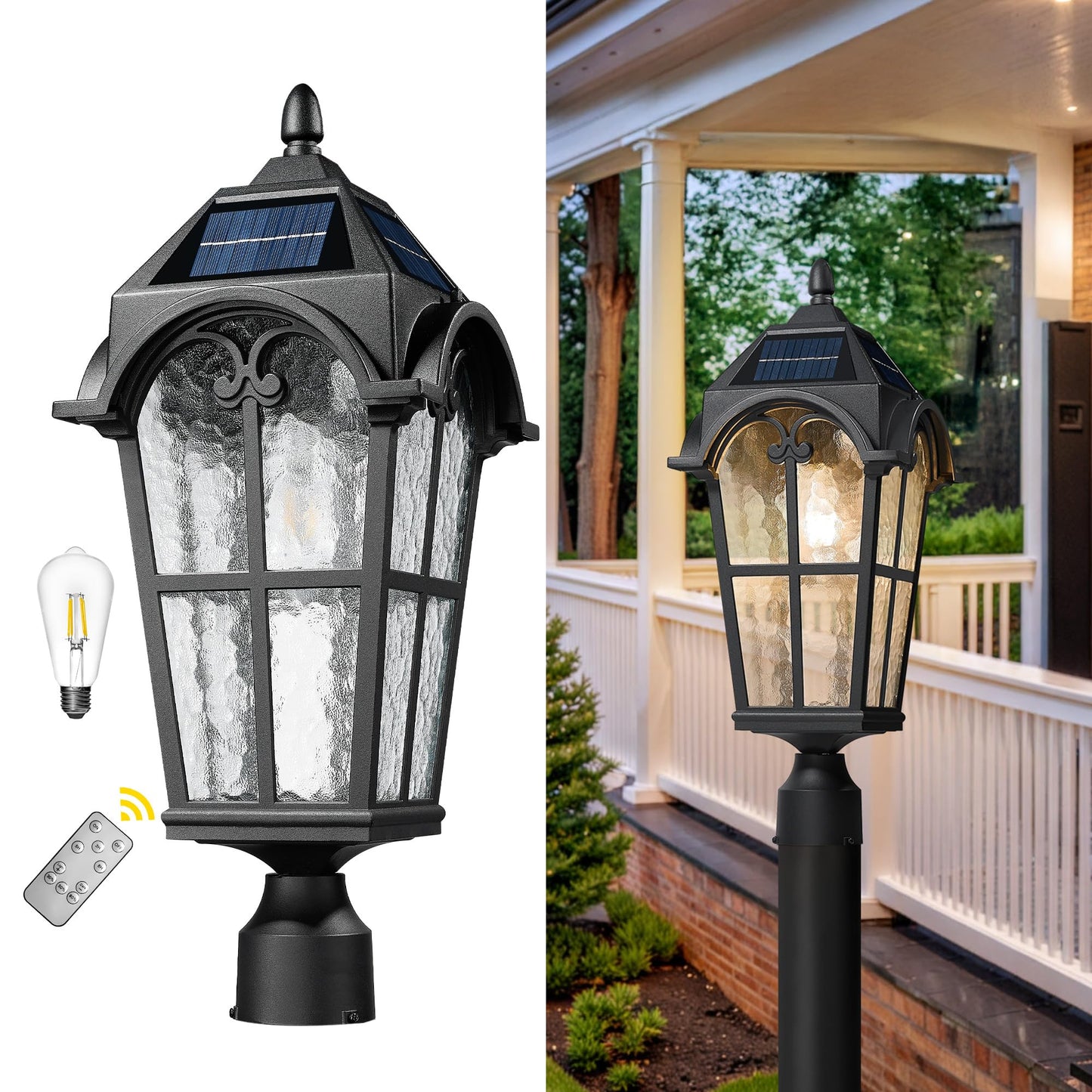 Emliviar Outdoor Solar Lamp Post Light, 22.1in Aluminum, Vintage Design, Black Finish, Water Grain Glass Shade, Model YXE302MP-SL BK