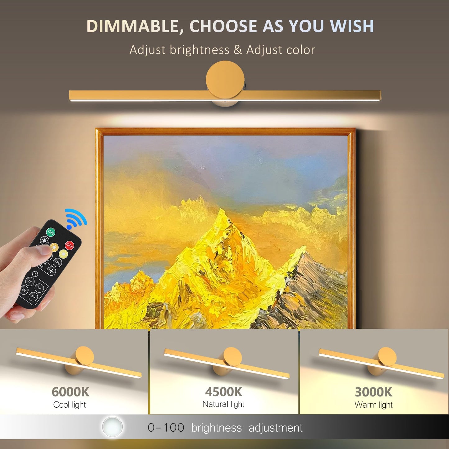 Zitostory Battery Operated Picture Light For Wall With Remote Wireless Dimmable Art Lights For discomfort-reducingtings Rechargeable Gallery Light Artwork Lighting For Canvas  Portrait (Gold 20 Inch)