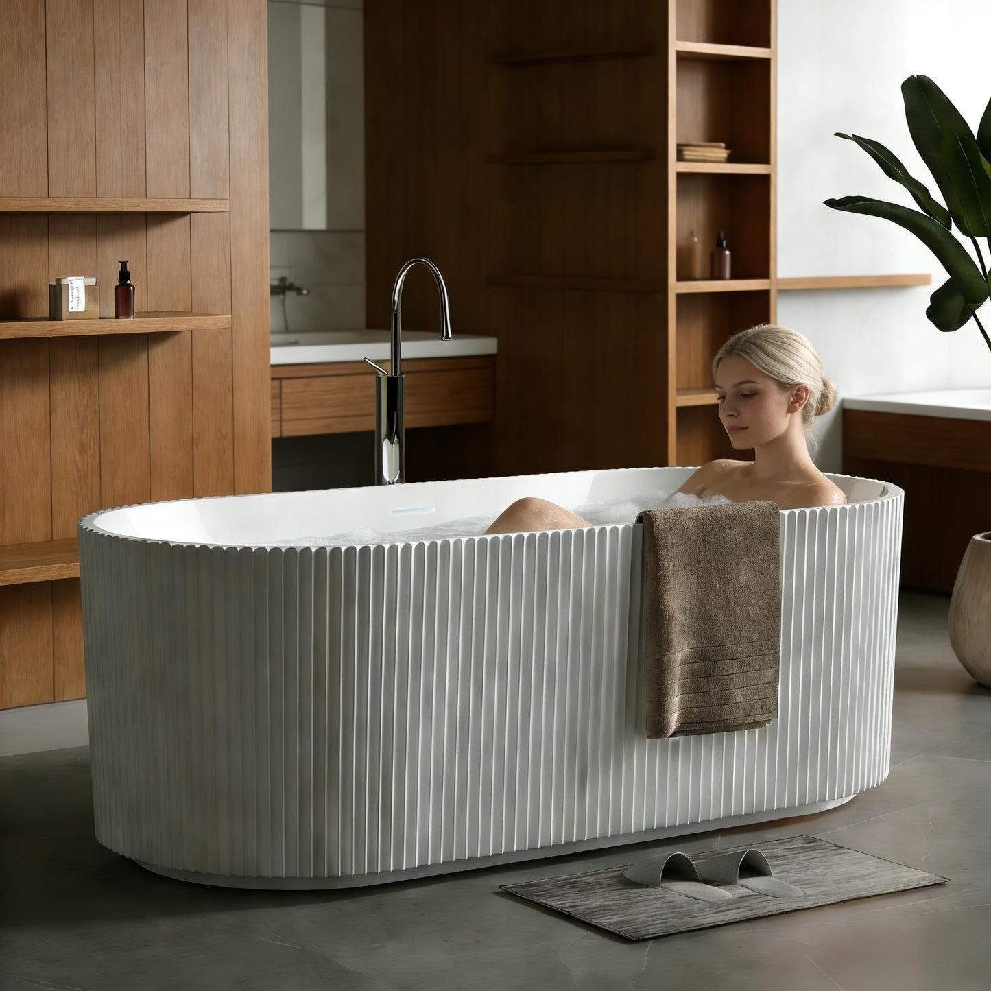 67" Acrylic Freestanding Soaking Bathtub, Matte Drain & Black Overflow, Contemporary Design Tub for Home Bathroom Renovations, Glossy White