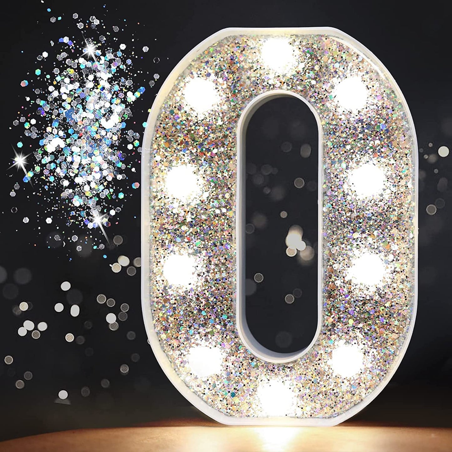 Pooqla Marquee Number Light, Battery Powered Silver Glitter Decoration for Parties, Weddings, and Home - Number 0