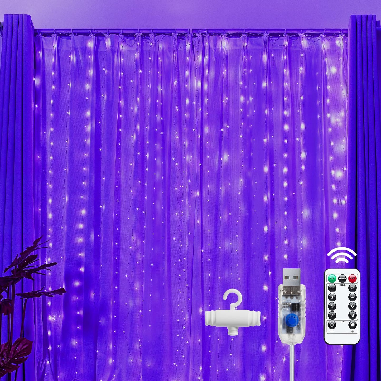 Brightown 300 Led Purple Halloween Fairy Curtain Lights  9.8Ft X 9.8Ft Curtain String Lights  Usb Plug In 8 Lighting Modes Led Christmas String Hanging Lights With Remote For Bedroom Indoor Weddings