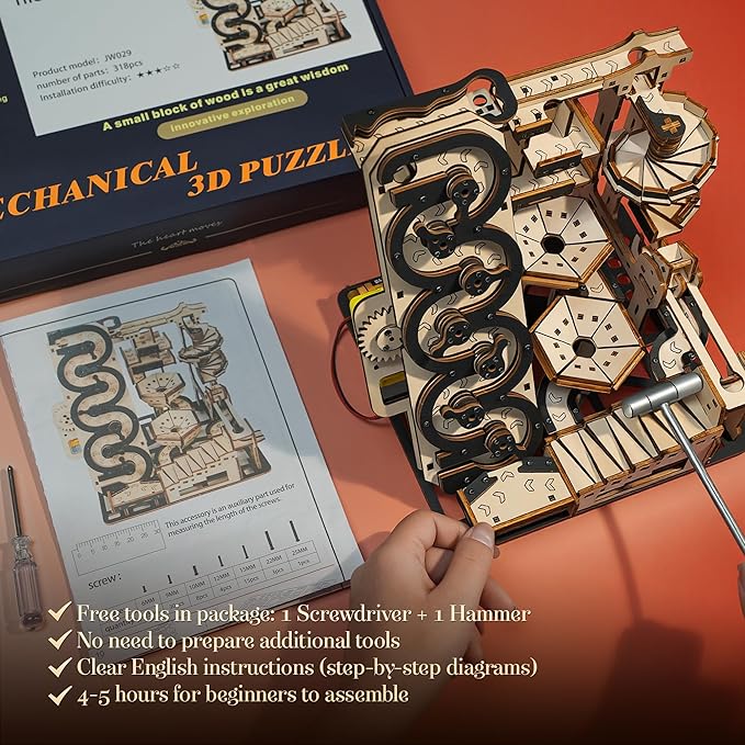 Electric 3D Wooden Kinetic Art - Automated Rolling Ball Maze Building Kit for Adults & Teens. DIY Mechanical Puzzle, STEM Project, Zen Home Office Decor & Brain Teaser Gift