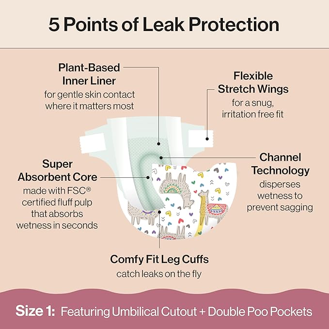 The Honest Company Clean Conscious Diapers for Delicate Skin, Up to 100% Leakproof Hypoallergenic Fragrance-Free Baby Diapers, Gender Neutral Prints, Club Box, Size 1 (8-14 lbs), 78 Count