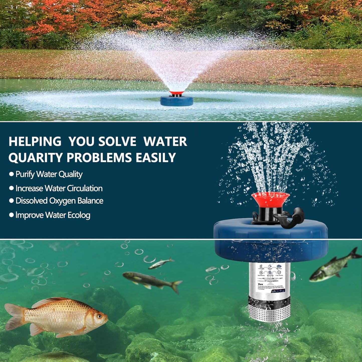 Pond Fountain Aerator 1 HP 15,000 GPH Fountain Pump with Timer 15A/110V 100-foot Power Cord 33x2Ft Traction Rope High-efficiency energy-saving water circulation system for ponds and lakes
