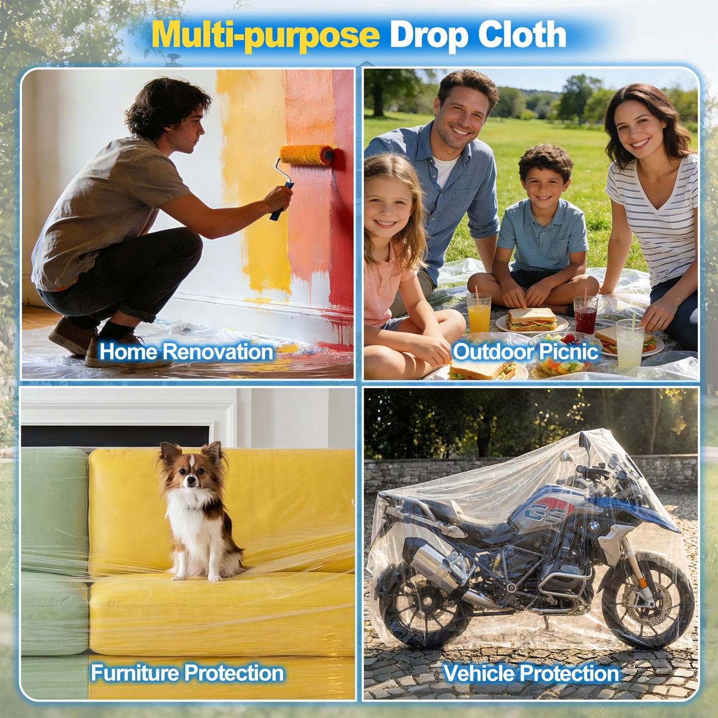 6 Pack Premium Plastic Drop Cloths for Painting 9x12ft, Waterproof & Dust-Proof Painters Plastic Drop Cloth, Disposable Plastic Paint Tarp for Home Renovations & DIY Projects