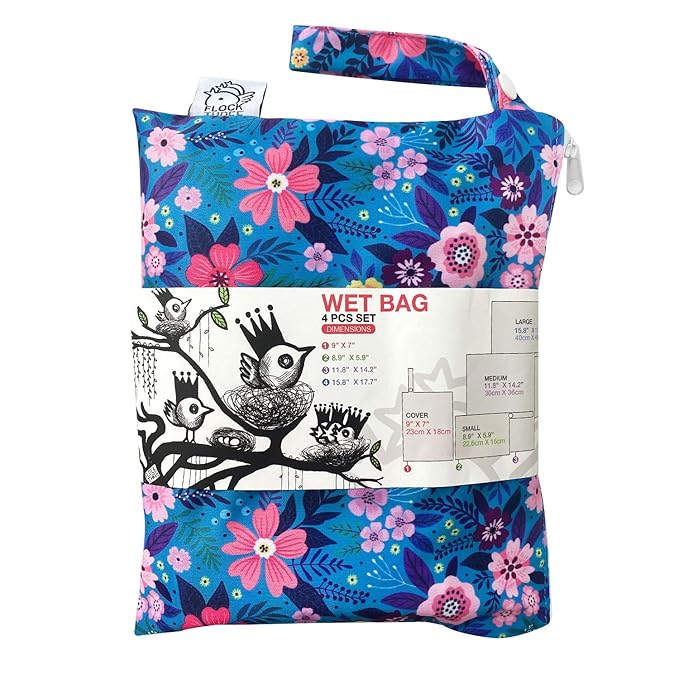 FLOCK THREE 4pcs Waterproof Wet Bag Reusable for Wet Clothes Baby Diapers Stroller Swimsuit Travel Reusable toiletries Pouch Small and Larger Electronics case 4 Pack (Flower Fantasy)