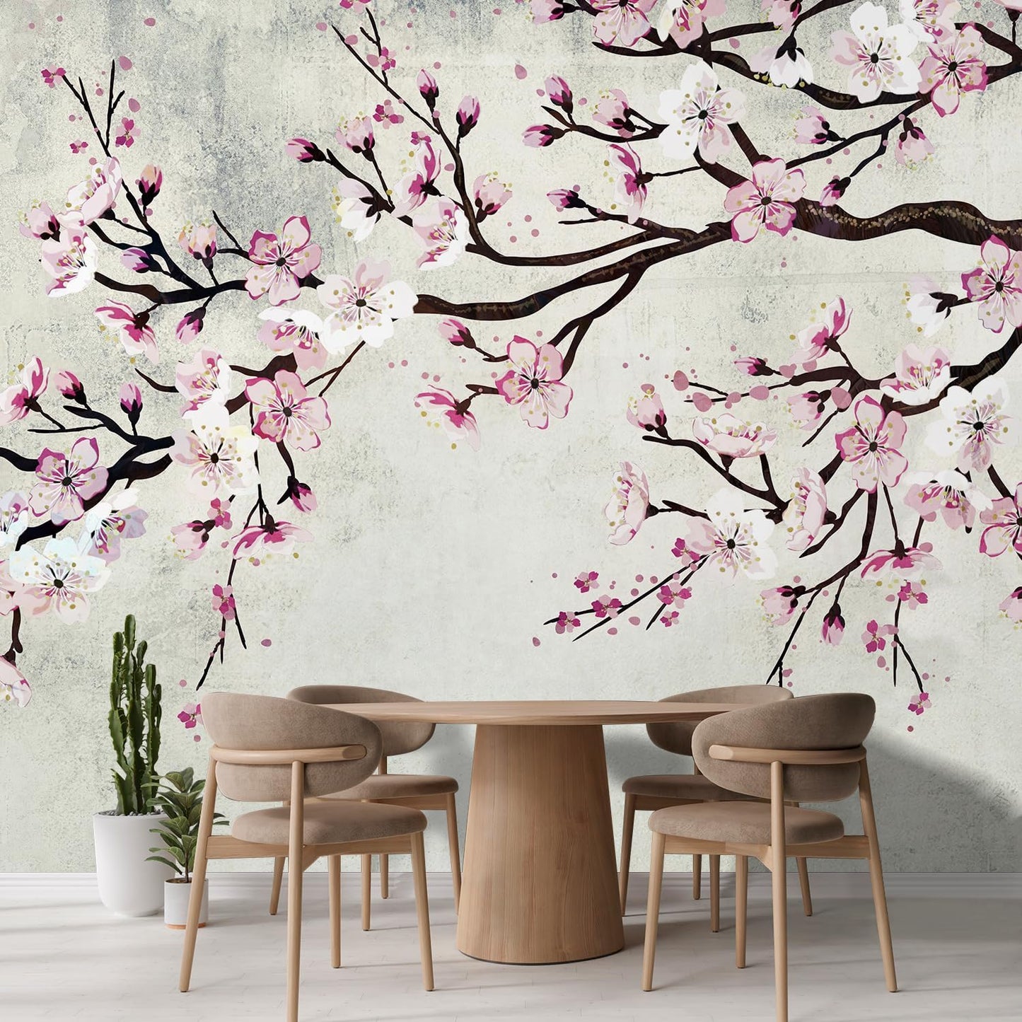 wall26 - Large Wall Mural - Watercolor Style Ink Painting Pink Cherry Blossom on Vintage Wall Background | Self-Adhesive Vinyl Wallpaper/Removable Modern Wall Decor - 100x144 inches
