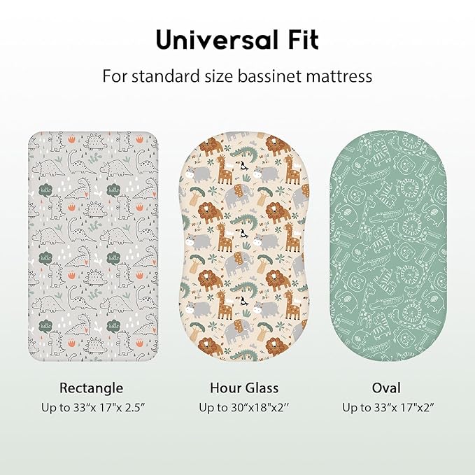 Baby Bassinet Sheets Girl Boy, Fitted Bassinet Sheet Set 3 Pack Bassinet Mattress Sheets Universal Fit for Rectangle, Round, Oval, Hourglass Mattress, Soft Breathable Green & Apricot Lion