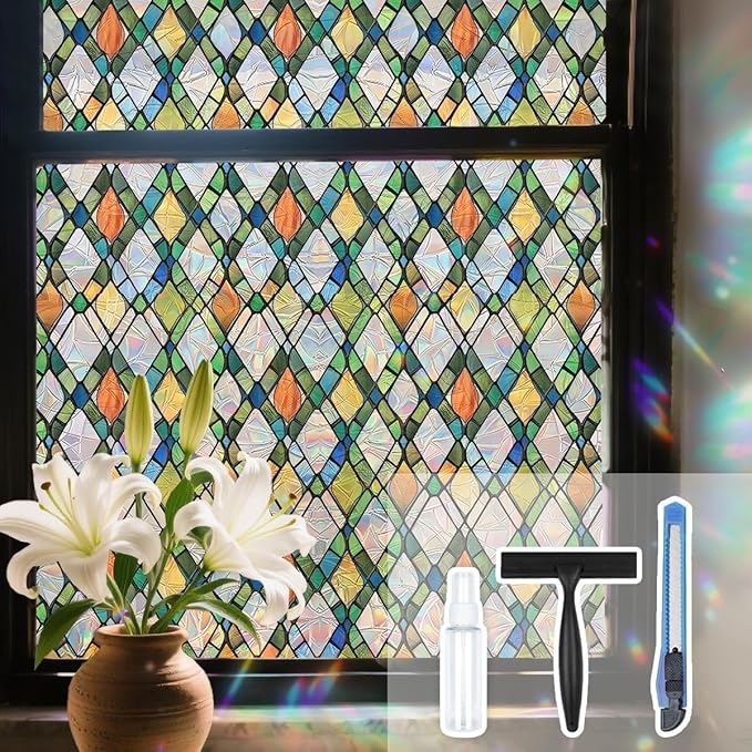 Lattice Stained Glass Window Film Static Cling with Tools - 35.4 x 78.7 Inch Non-Adhesive Privacy Decorative Rainbow Film for Windows, Doors, Sidelights - Easy Install & Remove