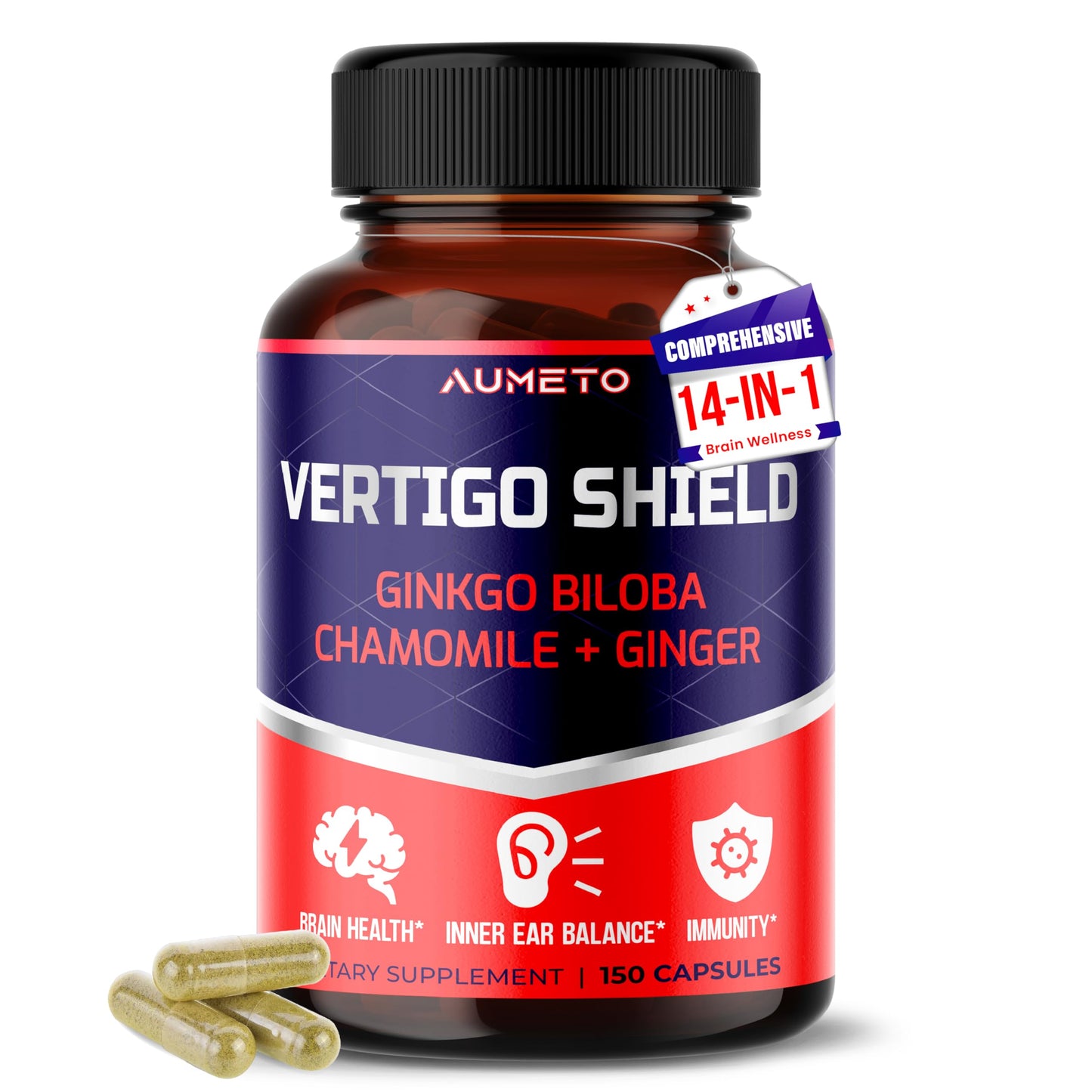 AUMETO Vertigo Support Complex with Ginkgo Biloba, Chamomile, Ginger, Vitamin D3, B12 - Advanced 14-in-1 Formula for Spinning Dizziness Inner Ear Balance*