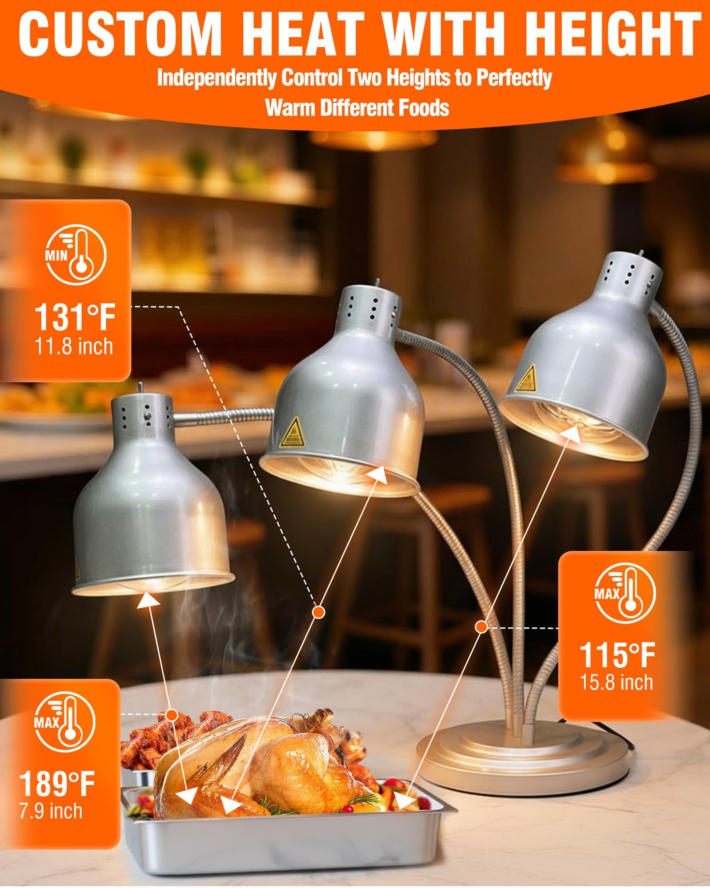 PYY Food Heat Lamp - 750W Steady Heating Commercial Food Warmer Lamp, 3 Bulbs Included, Heavy Base for Stability & Stainless Steel Build, 17.3 lbs Ideal for Catering, Restaurant, Buffet, (3-Head)