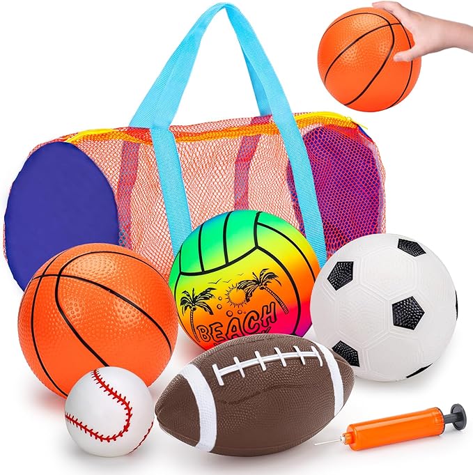 5 Pack Sports Balls Set for Kids with Bag Toddlers 1-3 Football Soccer Basketball Baseball Volleyball Outdoor Toys for 1 2...