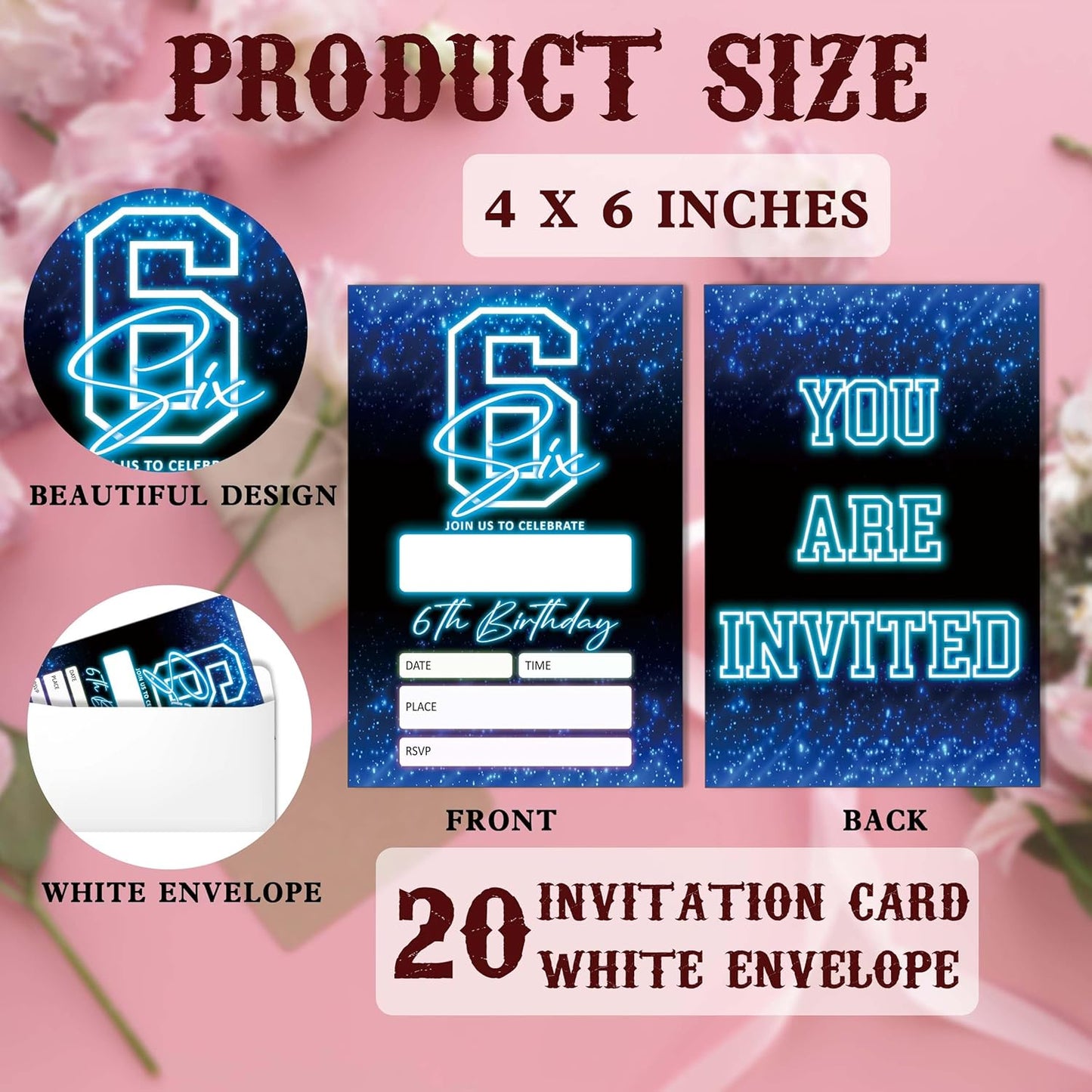 SIXEIGHT Blue 6th Birthday Party Invitations for Boys, Glow Neon Birthday Invitations, 20 Double Sided Invite Cards with Envelopes for Kids Girls, Party Decorations Supplies, 4"x6"-C06