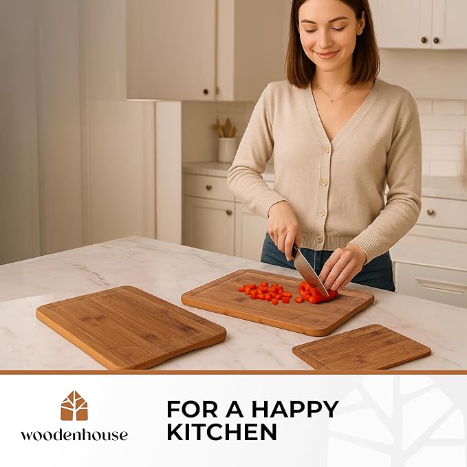 Wood Cutting Boards Set of 3 – Thick & Sturdy Bamboo Cutting Board with Deep Juice Grooves & Build-in Handles, Large Surface, Easy to Clean – for Meat, Vegetables and Fruits