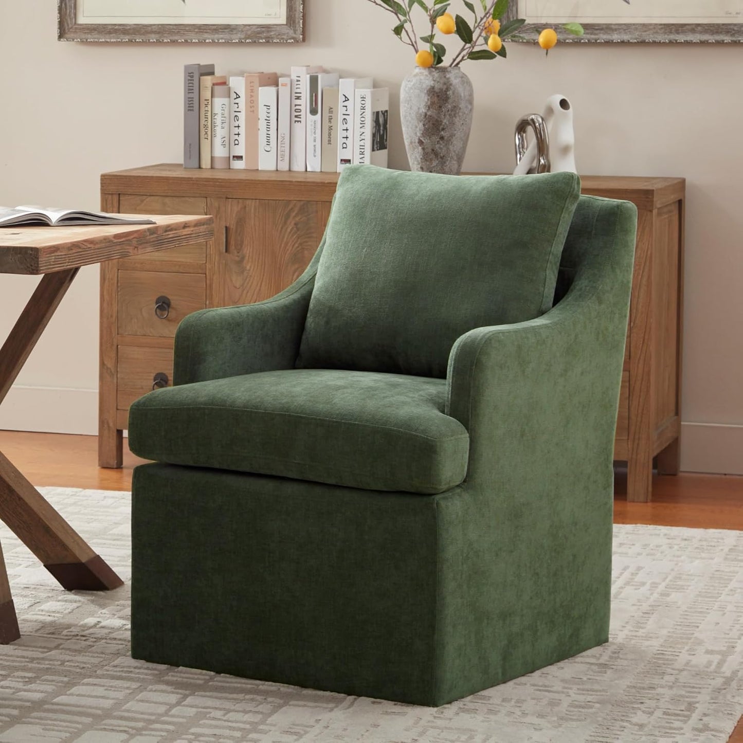 VKNOW Upholstered Dining Chairs, Modern Kitchen Chairs Dinner Chairs with 4 Casters, Linen Armchair for Bedroom Reading Room Living Room, Green