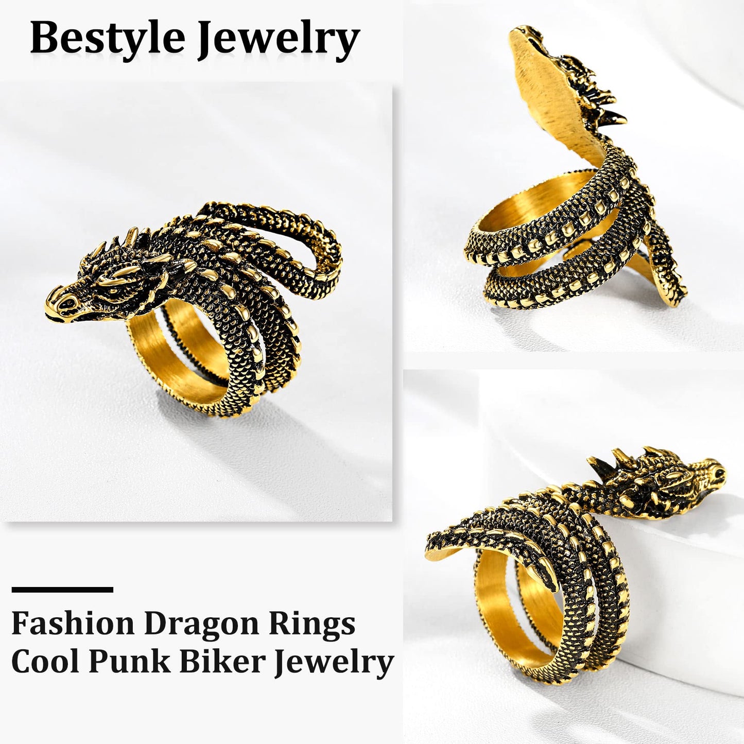 Bestyle Vintage Gold Dragon Ring for Women Men Cool Rings Dragon Jewelry Gothic Punk Finger Rings Fashion Halloween Costumes for