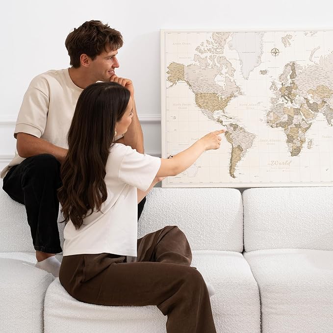 Canvas World Map with Cork Pin Board - English Lettering - Decorative Wall Decoration for All Rooms - Canvas Pictures with World Map Motif (90x60 cm, Pattern 8)