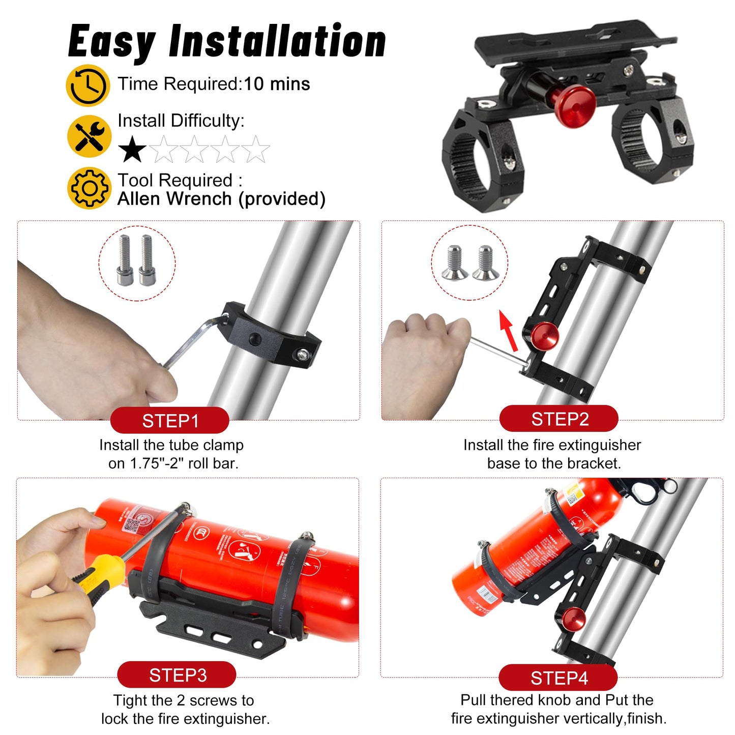UTV Fire Extinguisher Mount Kit- Quick Release Roll Bar Fire Extinguisher Bracket Holder for Any Vehicle with 1.75"-2" Roll Bar, Compatible with Polaris RZR/Can Am X3/Jeep Wrangler
