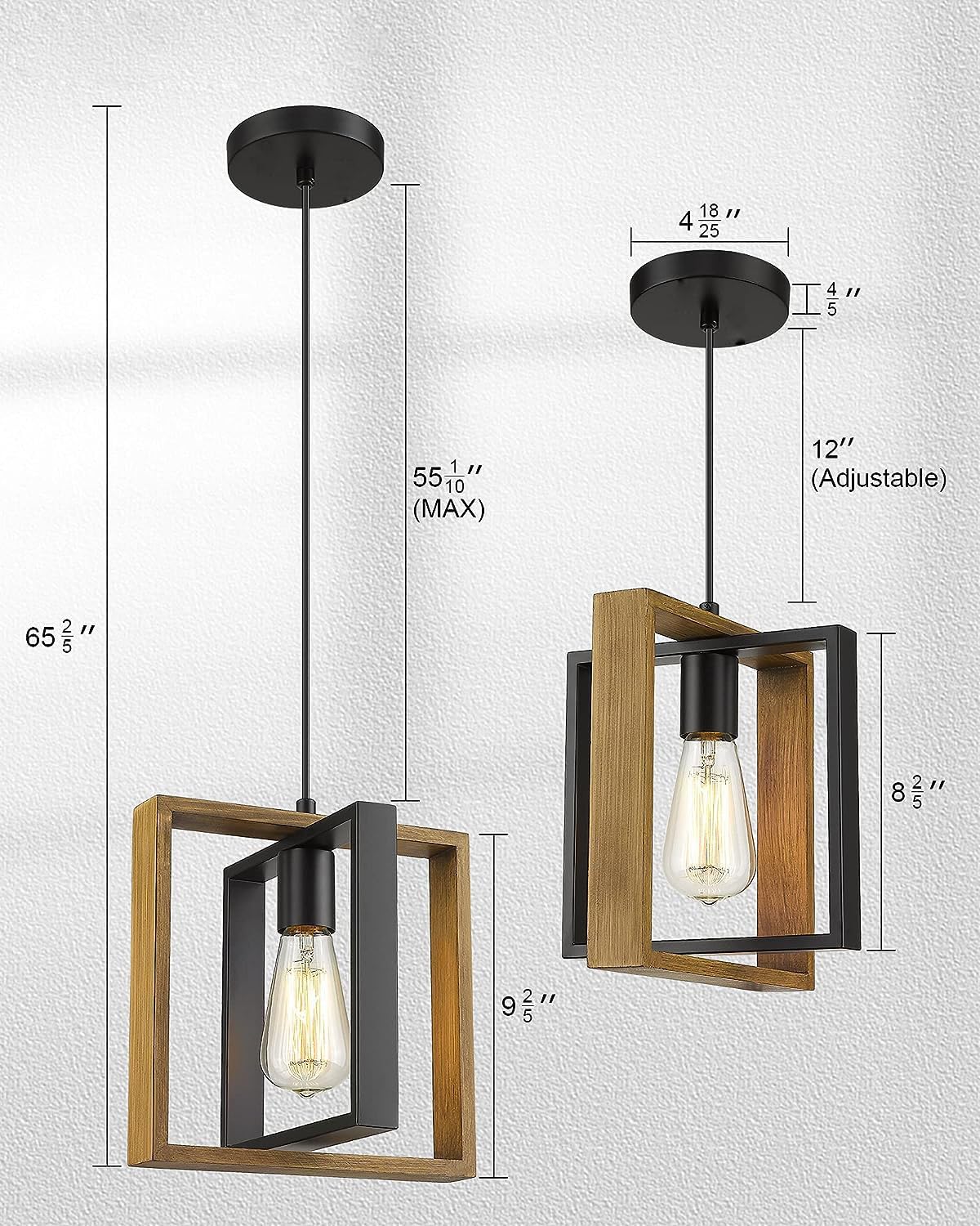 Cafulam Black Pendant Lighting Modern Pendant Light  Adjustable Pendant Light Fixture Pendant Lights Kitchen Islandlight (2 Packs Wood+Metal Pendant Light)