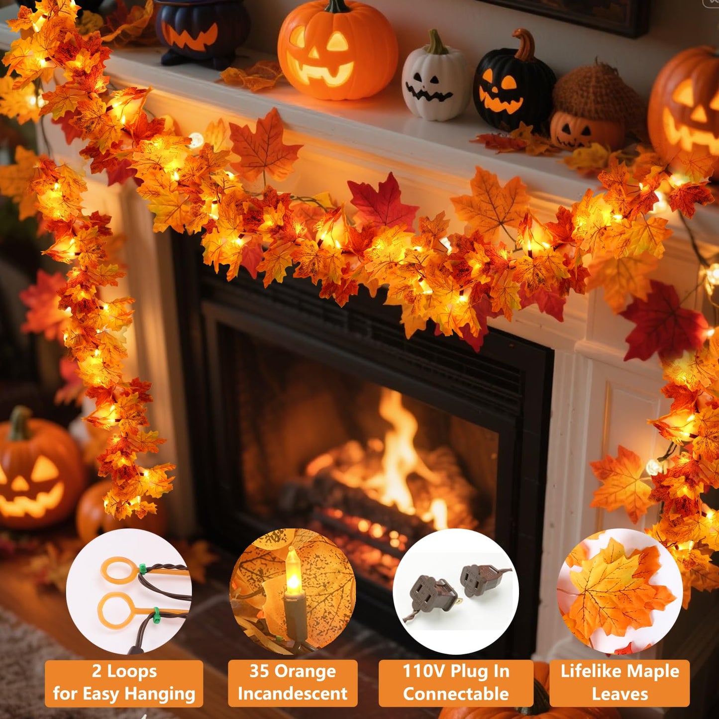 Fall Leaf Garland With Lights Plug In  35 Orange Bulbs Light Up Fall Leaves Garland  Fall Decor Fall Decorations For Home Table Thanksgiving Mantel Fireplace Porch Halloween Autumn Decor(1Pack)