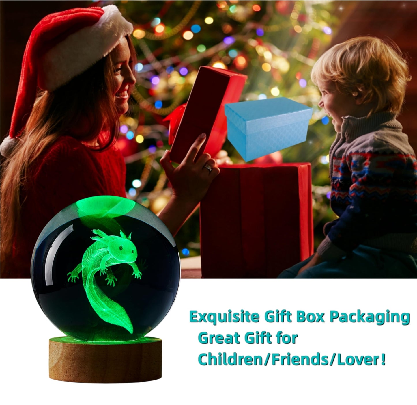 DIGFPWT Axolotl Crystal Ball Night Light, 3.15 Inch, LED Wooden Base, Remote Control, 16 Colors, Gift Box Packing, Axolotl A