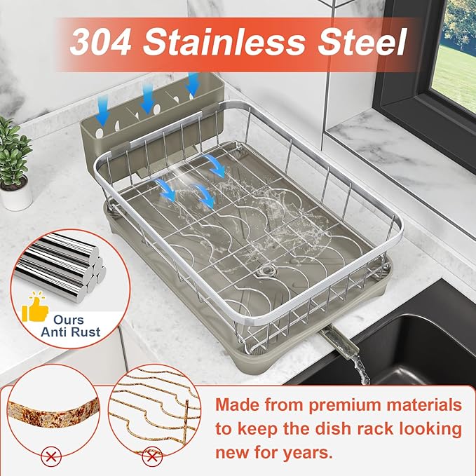 Dish Drying Rack - 304 Stainless Steel Dish Rack with Utensil Holder & Adjustable Spout, Space-Saving Organizer, Large Capacity for Bowls, Dish Drainer with Drainboard, Grey
