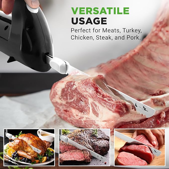 NutriChef Upgraded Premium Electric Knife - 8.9" Carving Knife, Serrated Blades, Lightweight, Ergonomic Design Easy Grip, Easy Blade Removal, Great For Thanksgiving, Meat & Cheese, Black - PKELKN8