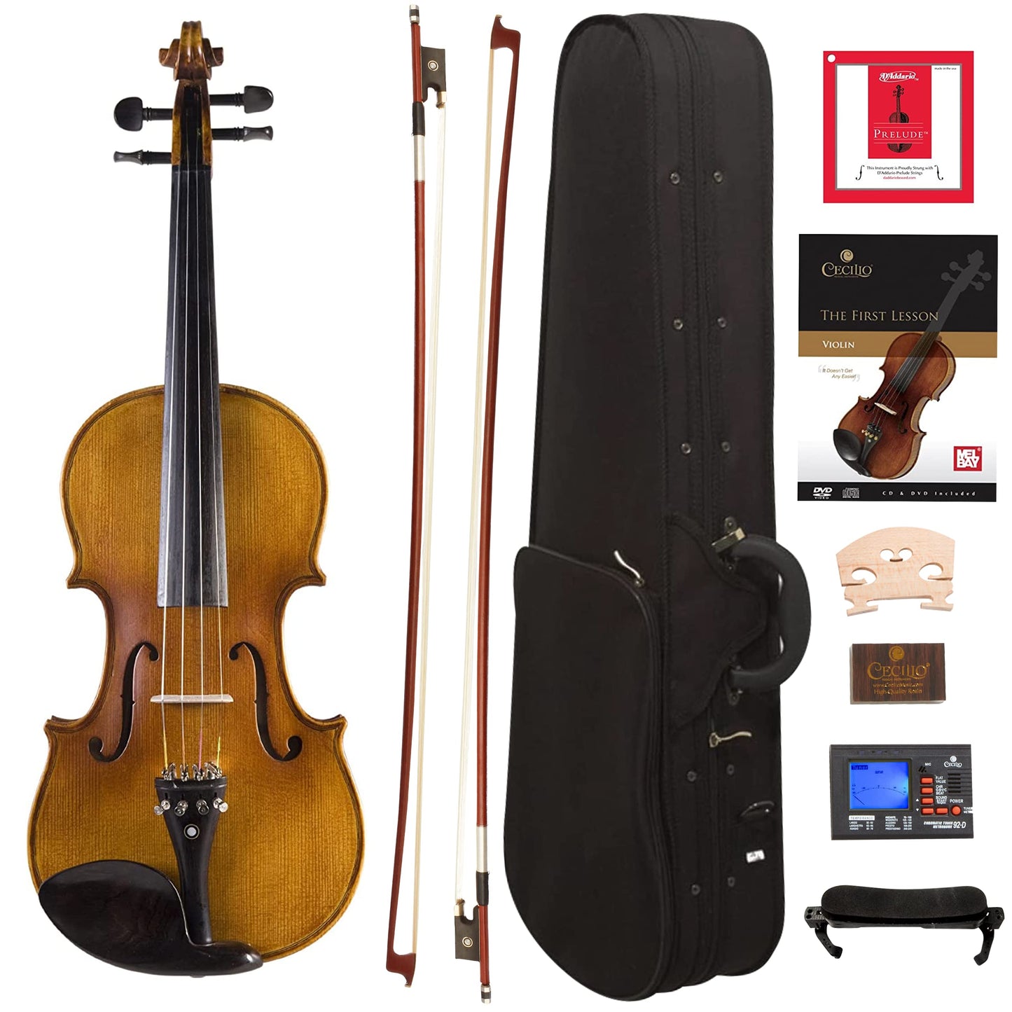 Cecilio Full Size 4/4 Violin With Hard Case & Shoulder Rest - Solidwood Ebony Fitted Violin With Daddario Strings, Ideal For Be