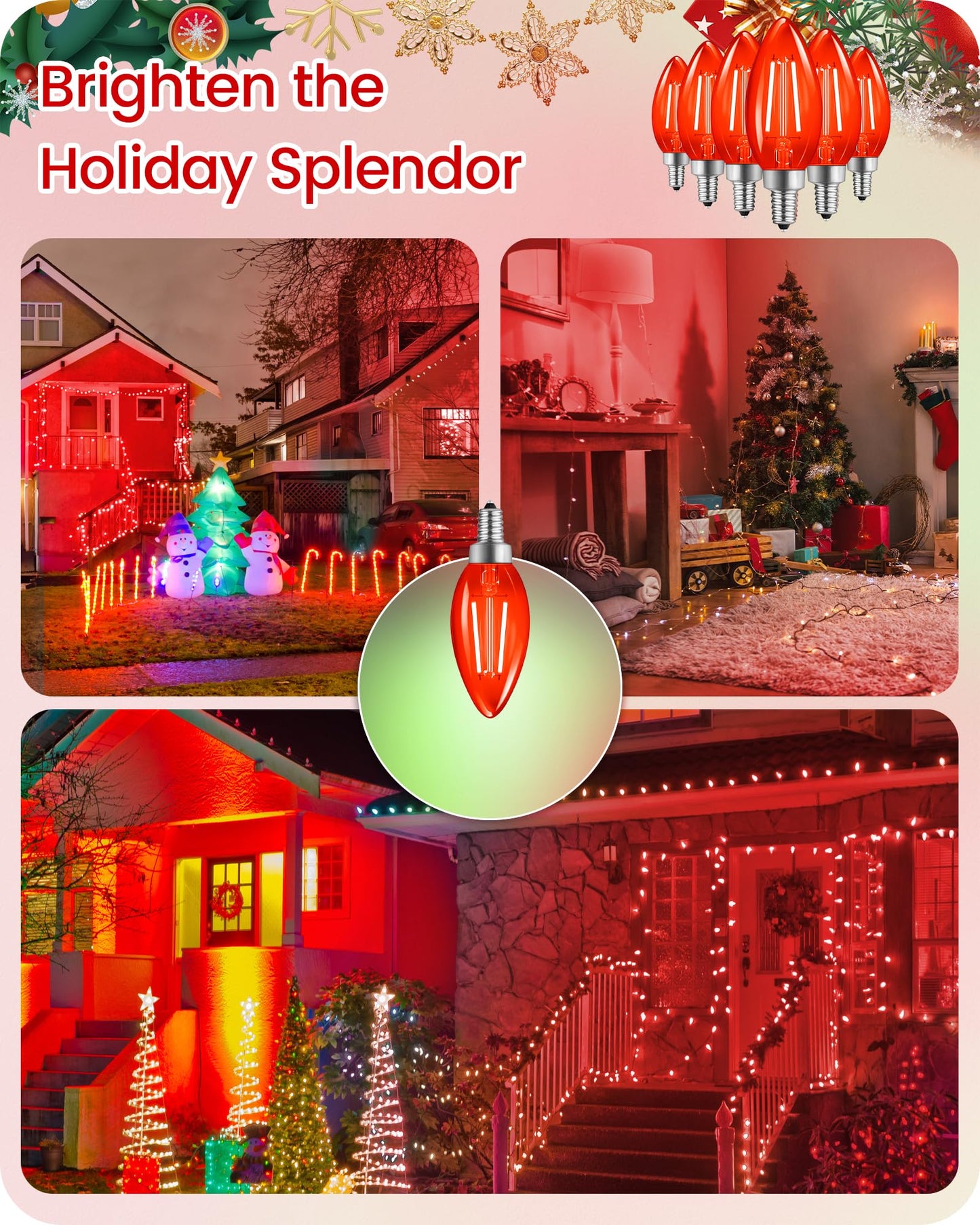 Goebleson Red E12 Led Light Bulbs  C35 5W (60W Equivalent) Glass Dimmable Chandelier Bulbs  Decorative Lighting For Christmas  Halloween  Party  Holiday Decoration  6 Pack R2C3P605