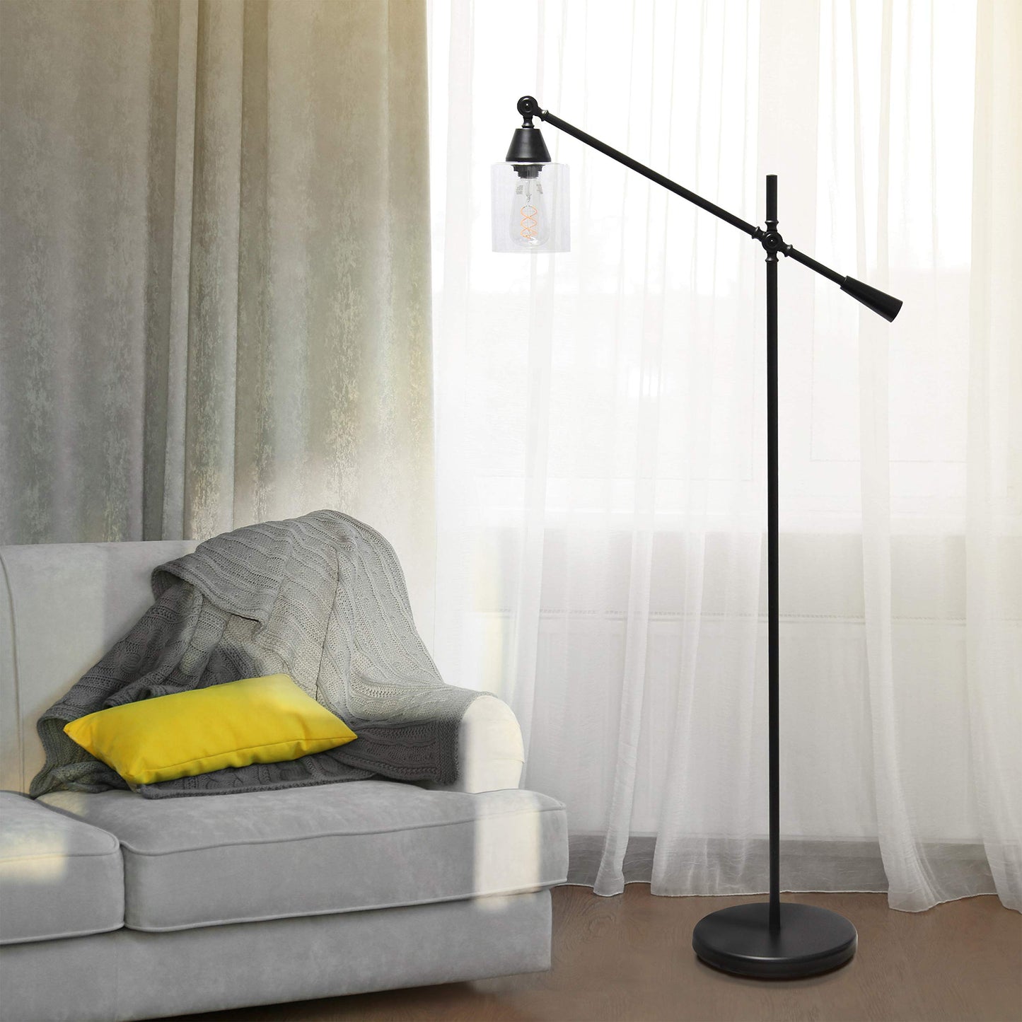 Elegant Designs Floor Lamp, Pivot Arm, Glass Shade, 30inL x 11inW x 56inH, Metal, Black, Model LF1030-BLK