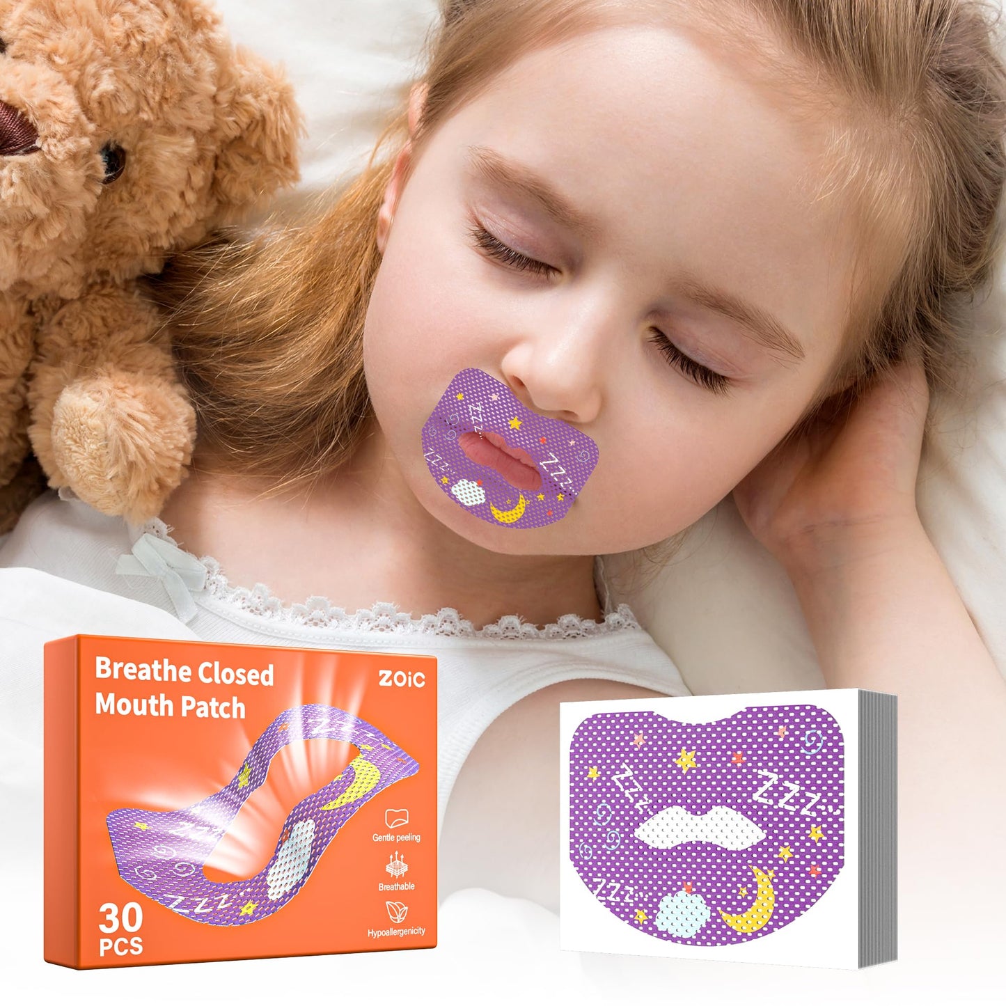 30pcs Mouth Breathing Correction Patch, Children's Closed Mouth Patch, Adult Anti-snoring, Closed Mouth Patch, Improve Mouth Breathing Facial Problems (Purple, 30pcs-Ages 3-7)