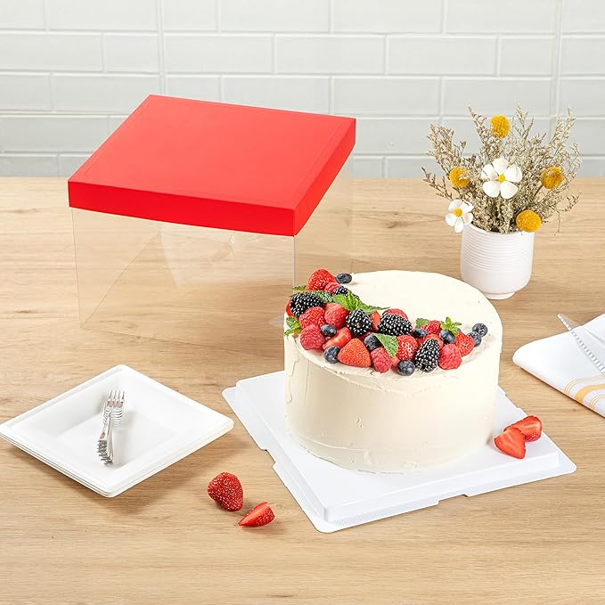 Restaurantware Sweet Vision 8.5 Inch x 6.75 Inch Transparent Cake Boxes 10 Grease Resistant Base Clear Cake Boxes - Red Lid Red Ribbon Plastic Birthday Cake Boxes For Weddings Or Birthdays
