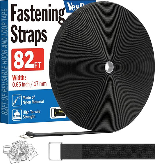 0.65" x82ft Hook and Loop Straps with 40 Metal Buckles, Adjustable Fastening Cinch Straps, Cut to Length Cable Straps, Reu...
