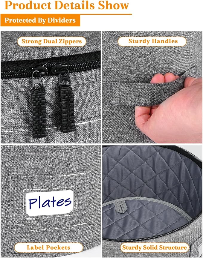punemi China Storage Containers, Dish Storage with Rigid Top Side Bottom Support & Felt Dividers for Charger Plates Dinnerware, Perfect for Moving Supplies, 4 set Stackable Fine China Storage, Gray