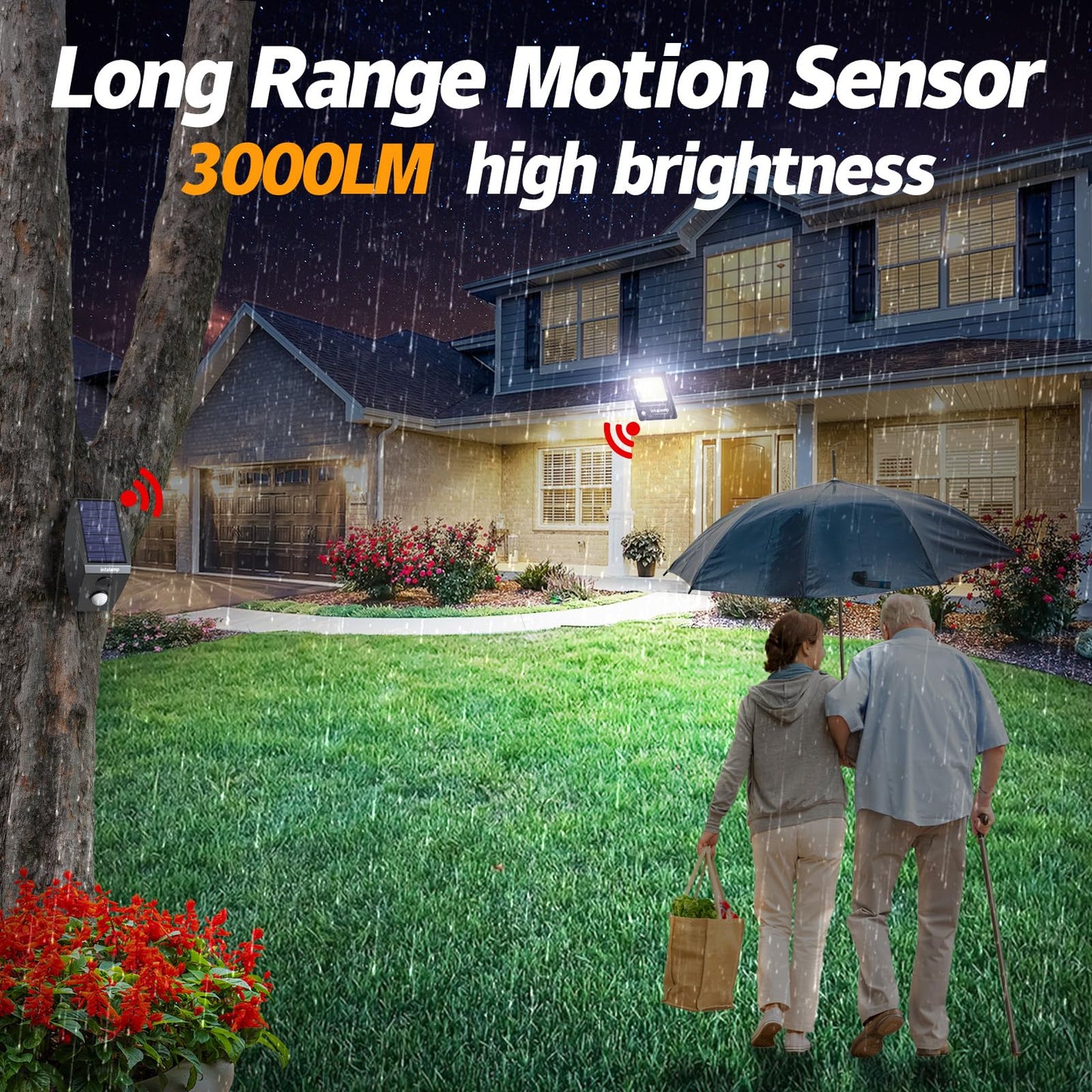 intelamp Solar Flood Light 3000LM Motion Sensor Remote Control 12000mAh Jet Black Model YL005-10EP