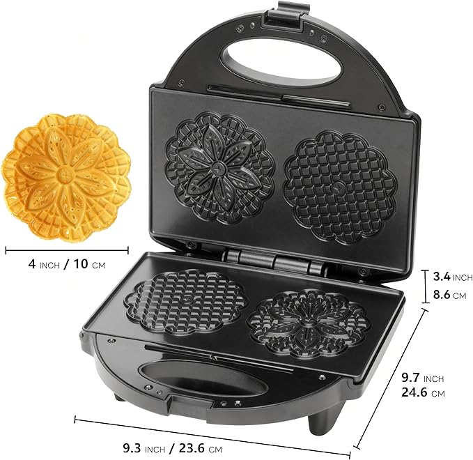 Pizzelle Maker with Non-Stick Coating, Electric Pizzelle Cookie Baker Press with Snowflake Pattern, Make Two 4 Inch Traditional Italian Waffle Cookies at Once, Recipe Included