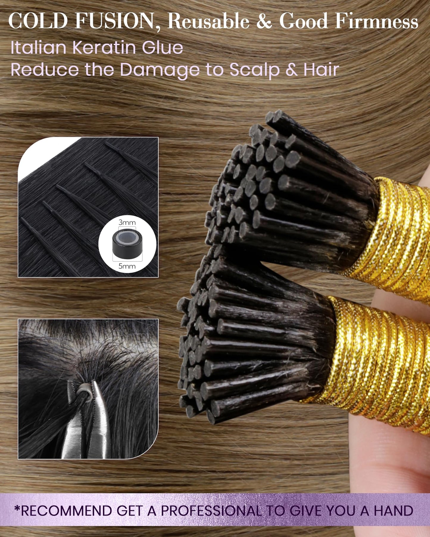 LaaVoo Itip Human Hair Extensions Balayage Brown Ombre Light Brown to Golden Brown 80s I Tips Hair Extensions Real Human Hair Ba