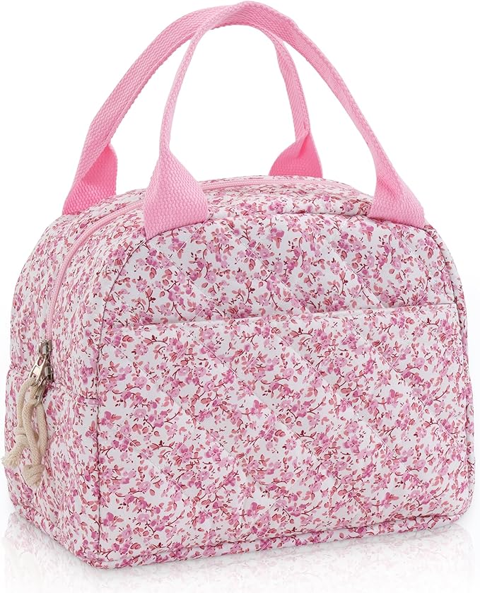 Lunch Bag for Women Insulated Lunch Box Reusable Cooler Bag Portable Cute Floral Quilted Cotton Bag Leakproof Tote Bags for Travel, Work, and Picnic, Blush Bloom